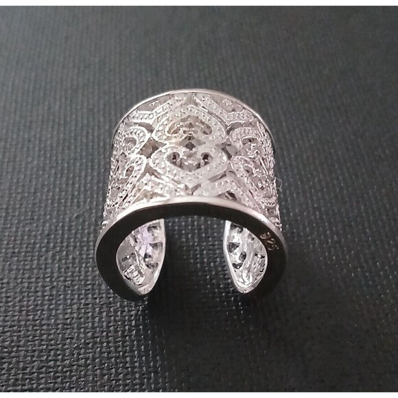 925 Sterling Silver Tall Cuff Style Cigar Band Heart Ring Open Filigree Boho - Picture 6 of 10